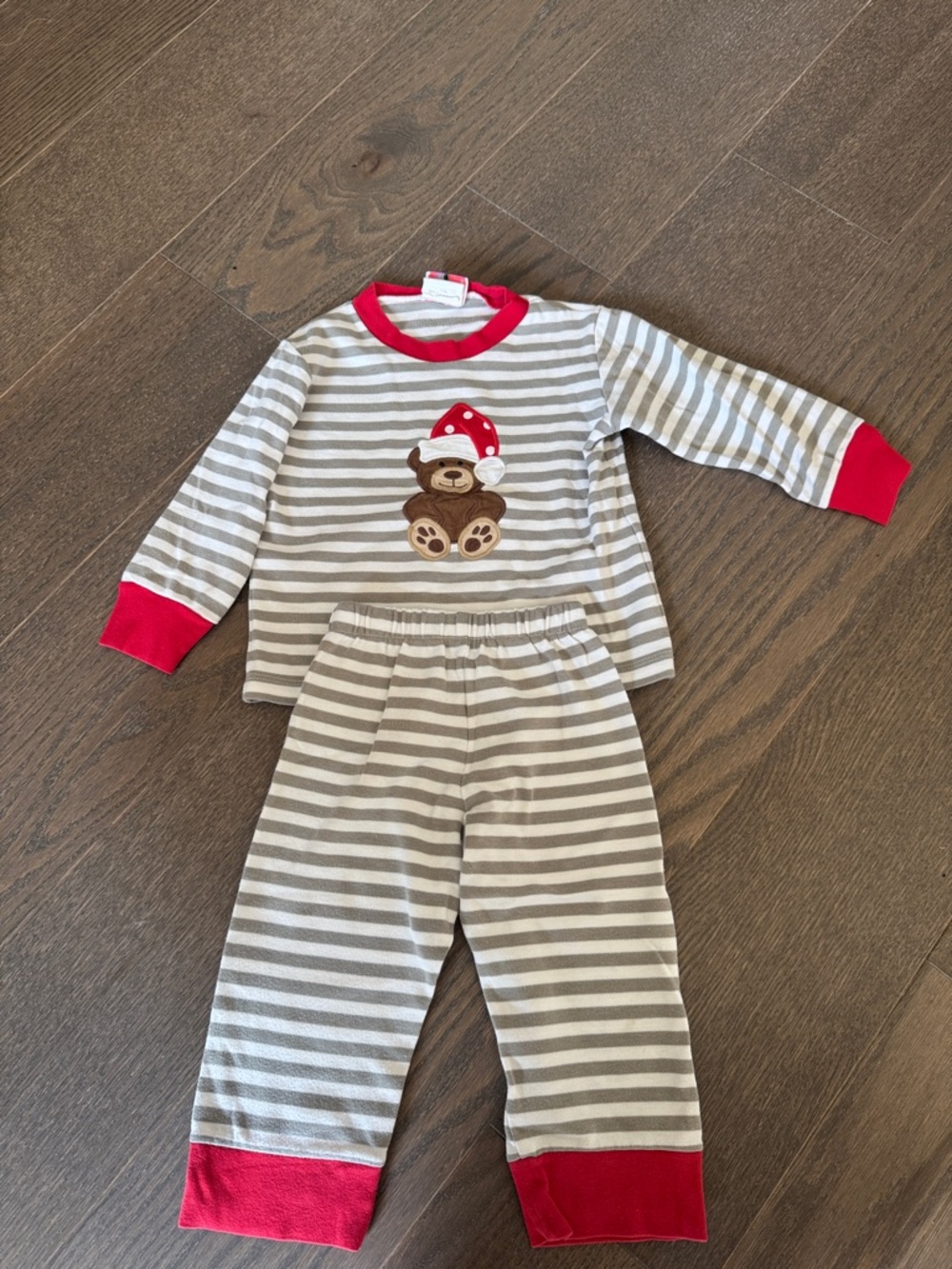 Toddler Gray & Red Striped Bear Holiday Pajama Set